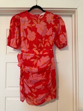 Olivaceous Red Floral Puff Sleeve Ruched Mini Dress